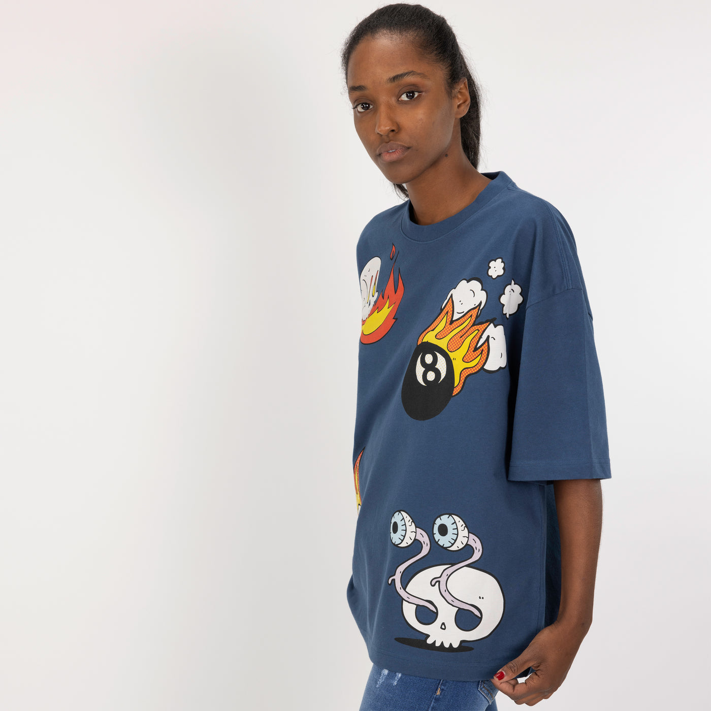 Premium Heavy Cotton Boxy Fit Discharge Print Tee - Key Largo / Flame and Skeleton