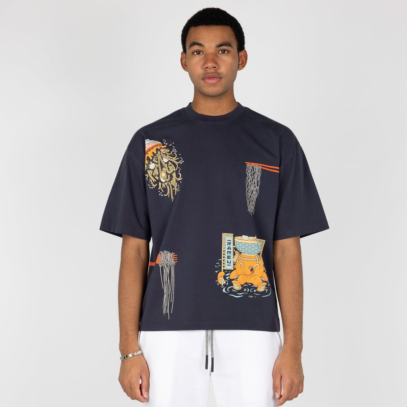 Premium Heavy Cotton Boxy Fit Discharge Print Tee - Blue Nights / Ramen Temple