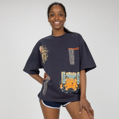 Premium Heavy Cotton Boxy Fit Discharge Print Tee - Blue Nights / Ramen Temple