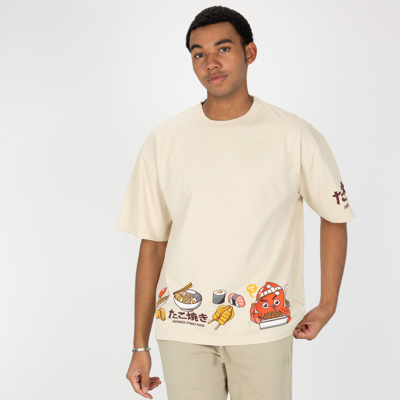 Premium Heavy Cotton Boxy Fit Discharge Print Tee - Beige / Japanese Street Food