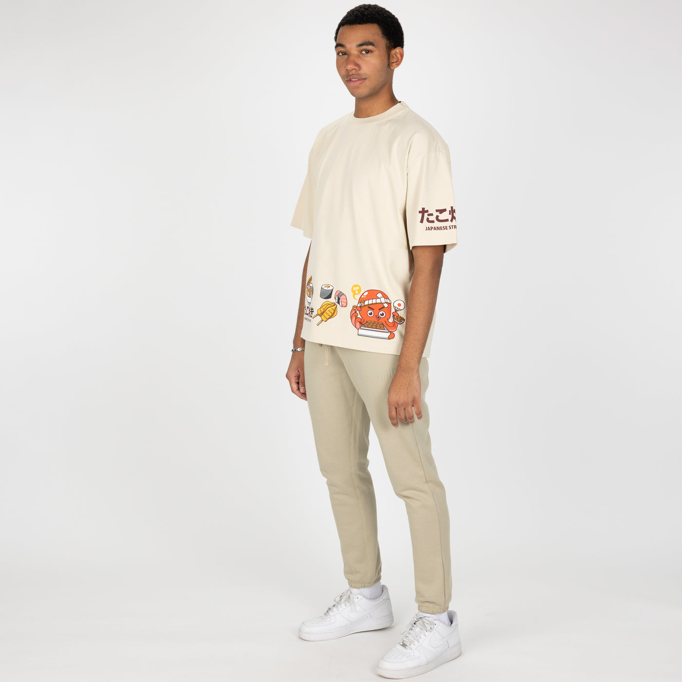 Premium Heavy Cotton Boxy Fit Discharge Print Tee - Beige / Japanese Street Food