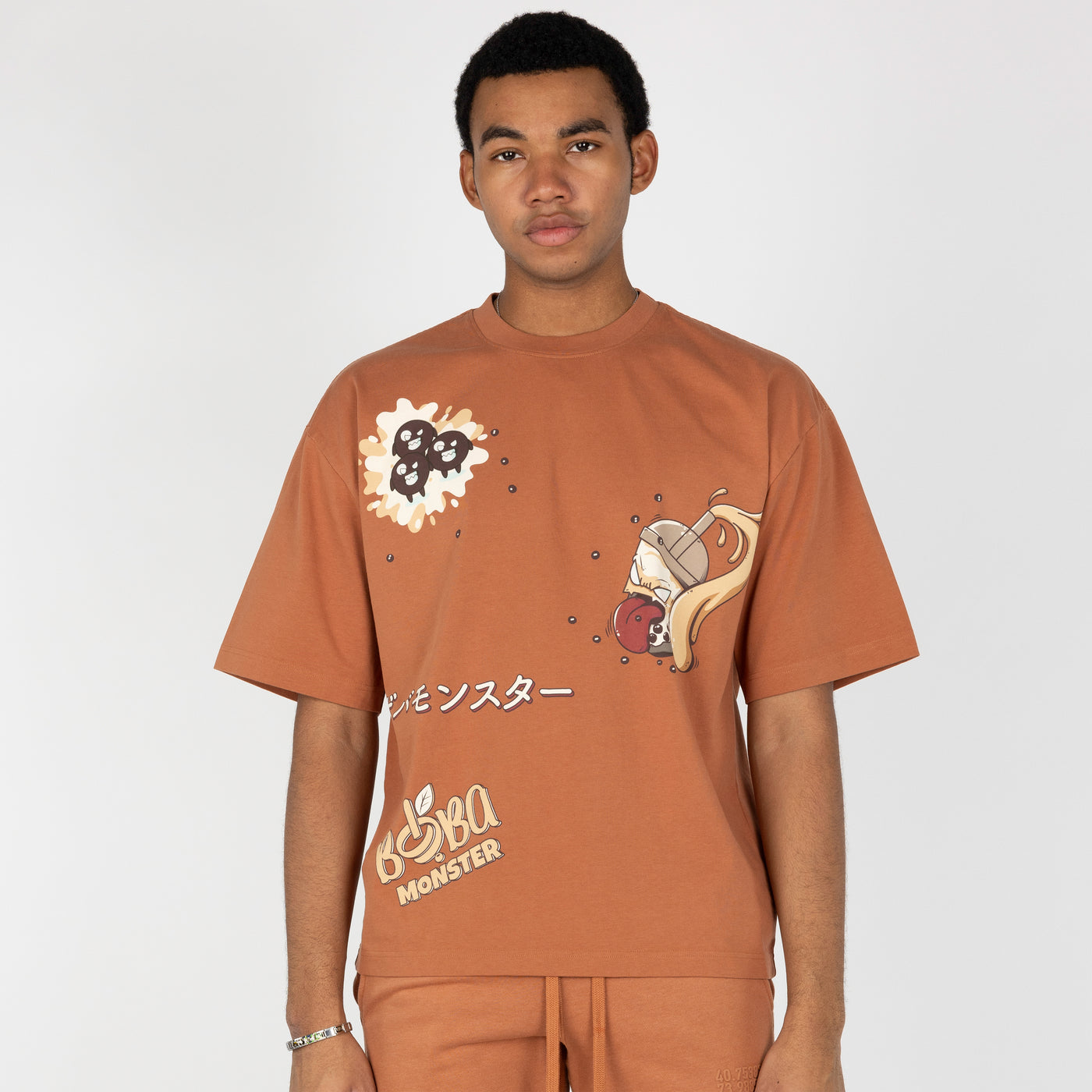 Premium Heavy Cotton Boxy Fit Discharge Print Tee - Amber Brown / Boba Monster