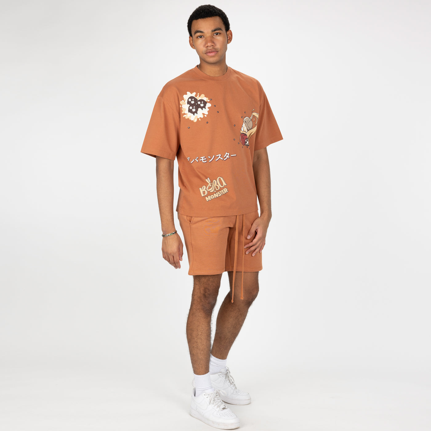 Premium Heavy Cotton Boxy Fit Discharge Print Tee - Amber Brown / Boba Monster