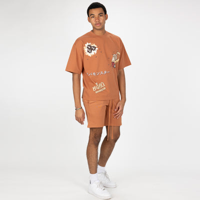 Premium Heavy Cotton Boxy Fit Discharge Print Tee - Amber Brown / Boba Monster