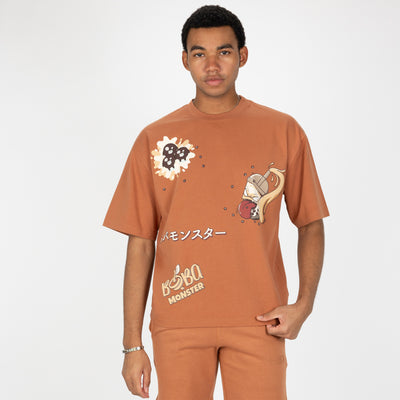 Premium Heavy Cotton Boxy Fit Discharge Print Tee - Amber Brown / Boba Monster