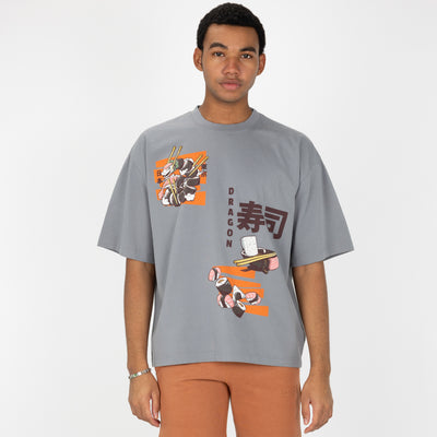 Premium Heavy Cotton Boxy Fit Discharge Print Tee - Monument / Dragon Sushi