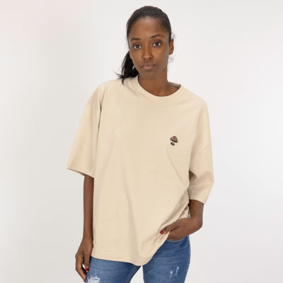 Premium Heavy Cotton Boxy Fit Embroidered Icon Tee  - Oatmeal / Mushroom Icon