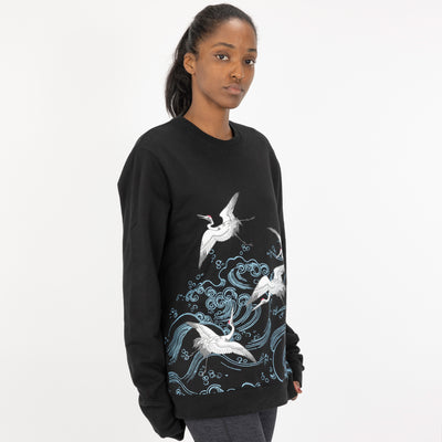 Graphic Wraparound Crewneck Pullover Sweatshirt - Black / Cranes And Waves