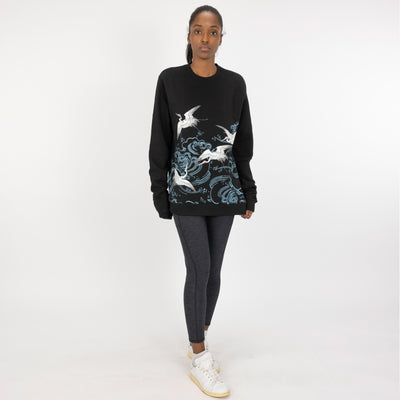 Graphic Wraparound Crewneck Pullover Sweatshirt - Black / Cranes And Waves