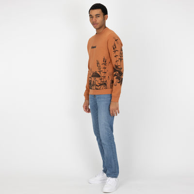 Graphic Wraparound Crewneck Pullover Sweatshirt - Amber Brown / Mushroom Caterpillar Greyscale