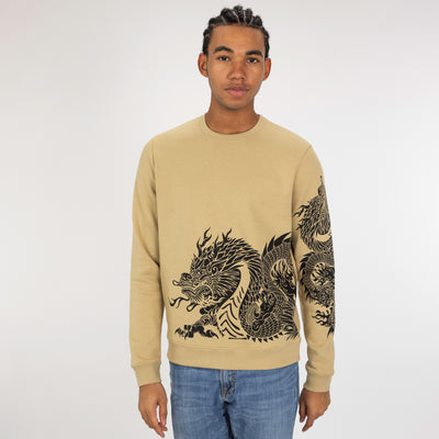 Graphic Wraparound Crewneck Pullover Sweatshirt - Pale Khaki / Dragon