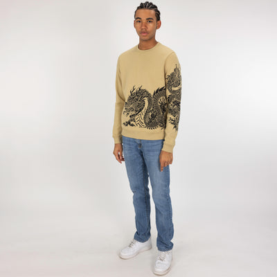 Graphic Wraparound Crewneck Pullover Sweatshirt - Pale Khaki / Dragon