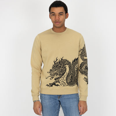 Mens Graphic Wraparound Crewneck Pullover Sweatshirt - Pale Khaki / Dragon