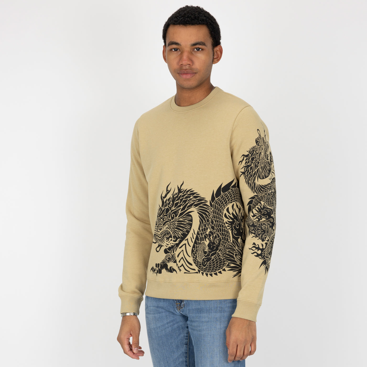 Mens Graphic Wraparound Crewneck Pullover Sweatshirt - Pale Khaki / Dragon