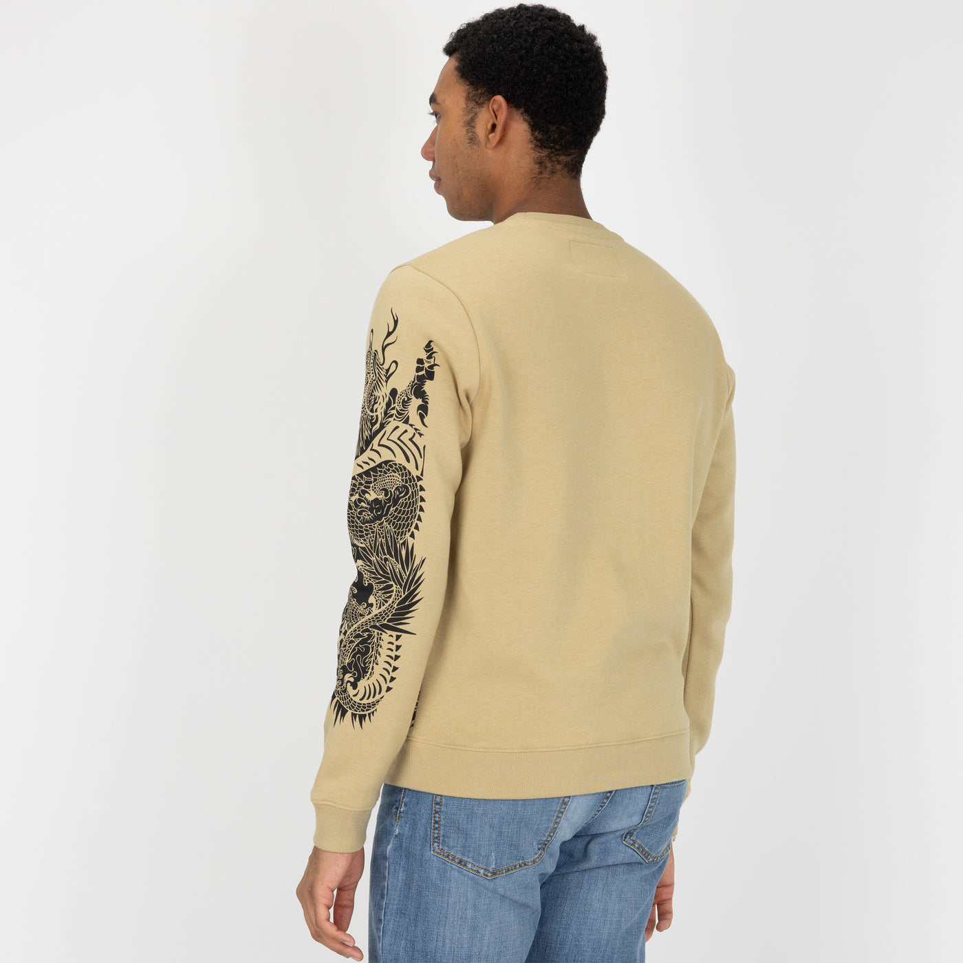 Mens Graphic Wraparound Crewneck Pullover Sweatshirt - Pale Khaki / Dragon