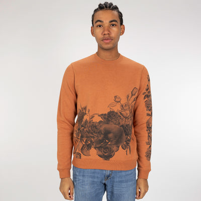 Graphic Wraparound Crewneck Pullover Sweatshirt - Amber Brown / Skull And Rose