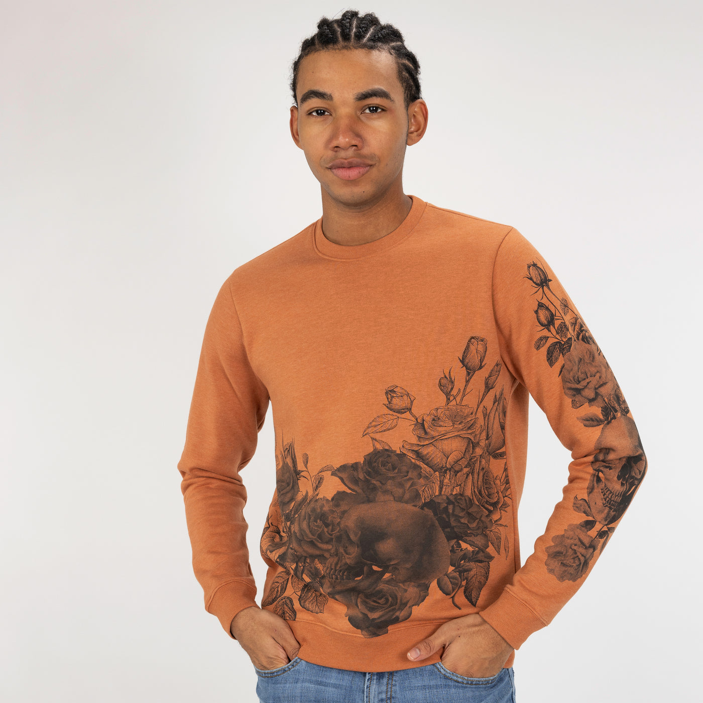 Graphic Wraparound Crewneck Pullover Sweatshirt - Amber Brown / Skull And Rose