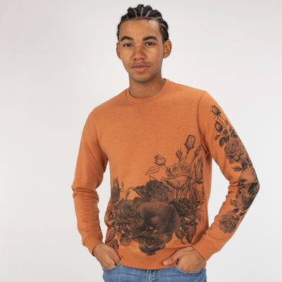 Graphic Wraparound Crewneck Pullover Sweatshirt - Amber Brown / Skull And Rose