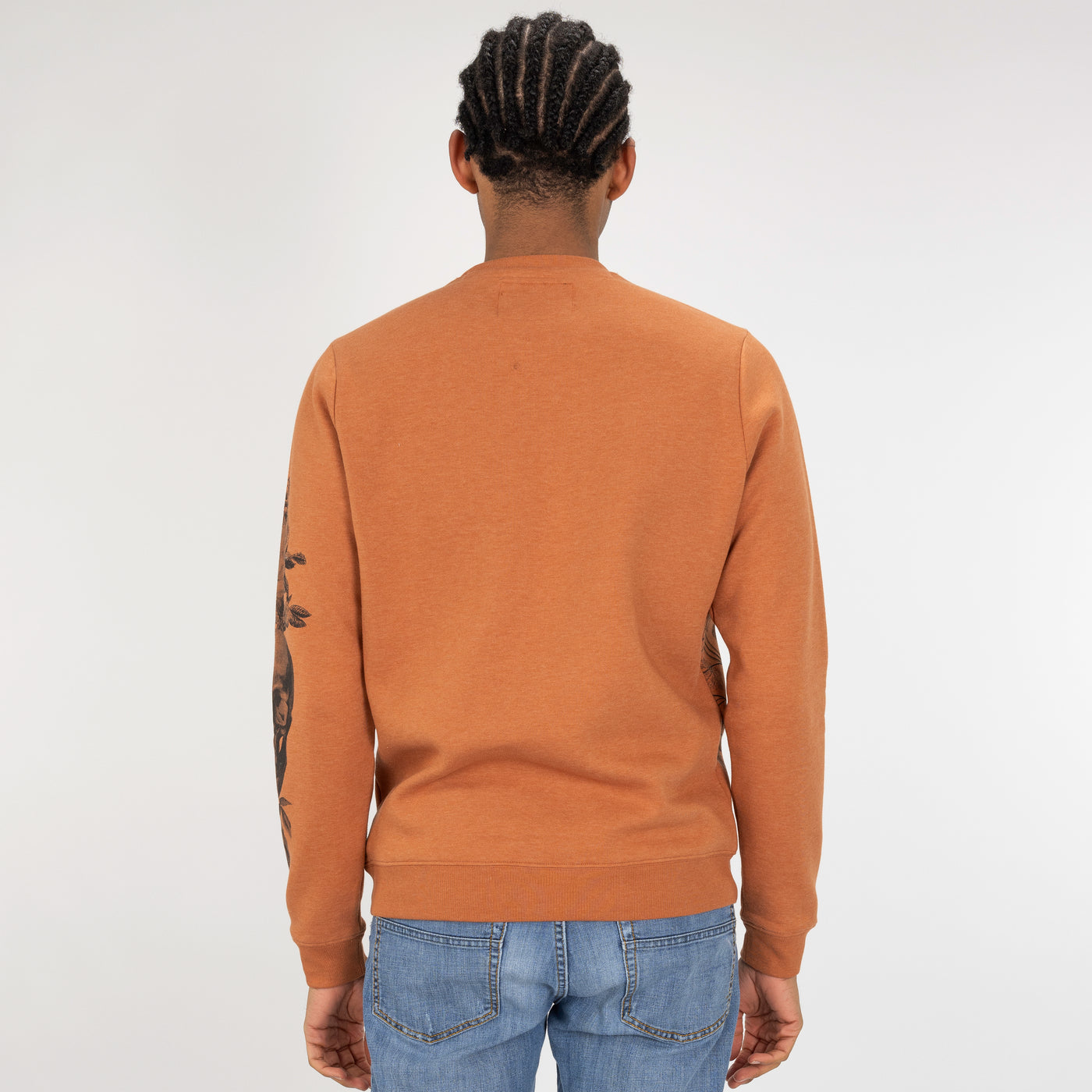 Graphic Wraparound Crewneck Pullover Sweatshirt - Amber Brown / Skull And Rose