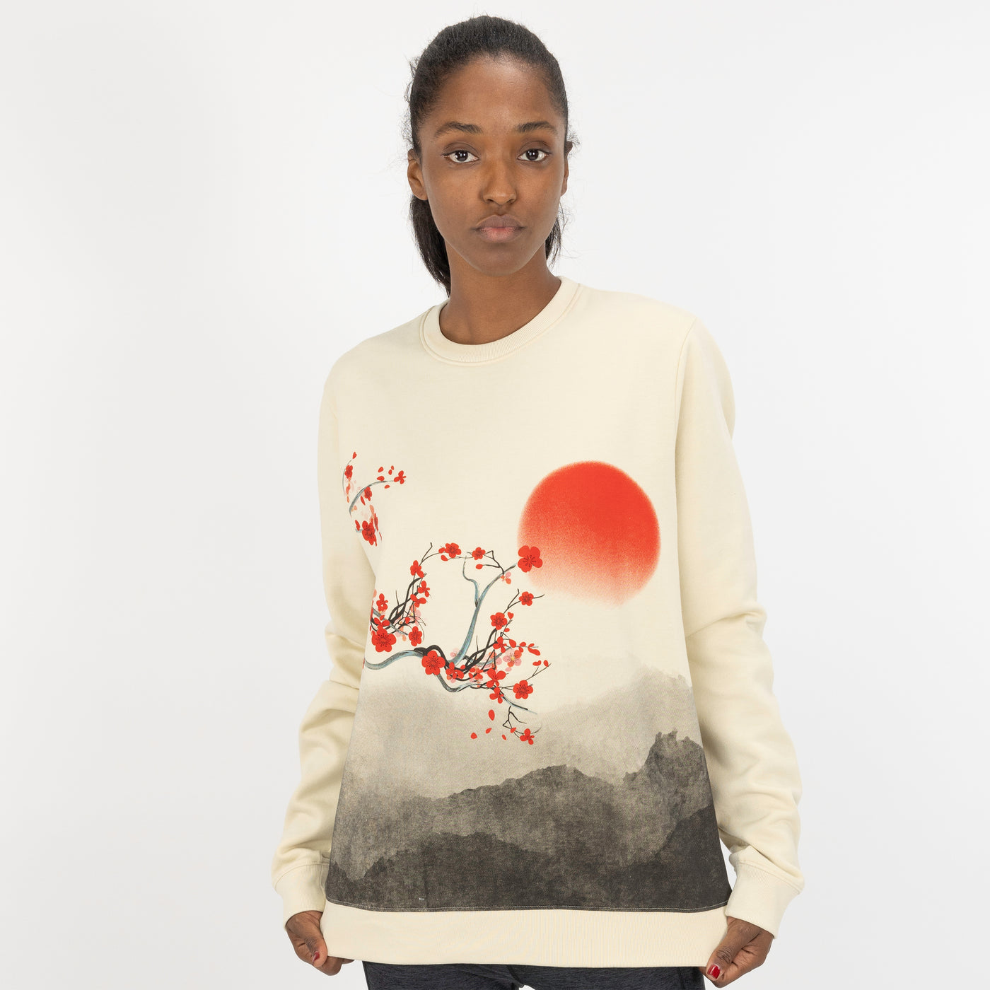 Graphic Wraparound Crewneck Pullover Sweatshirt - Seedpearl / Cherry Blossom Sunrise