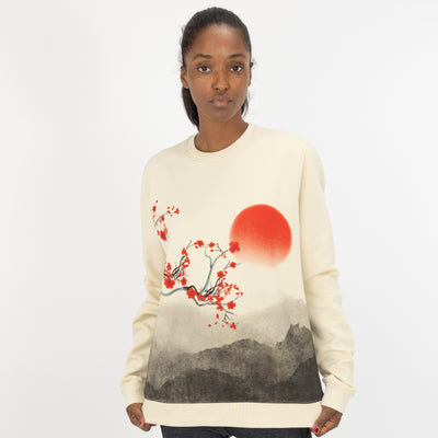 Graphic Wraparound Crewneck Pullover Sweatshirt - Seedpearl / Cherry Blossom Sunrise