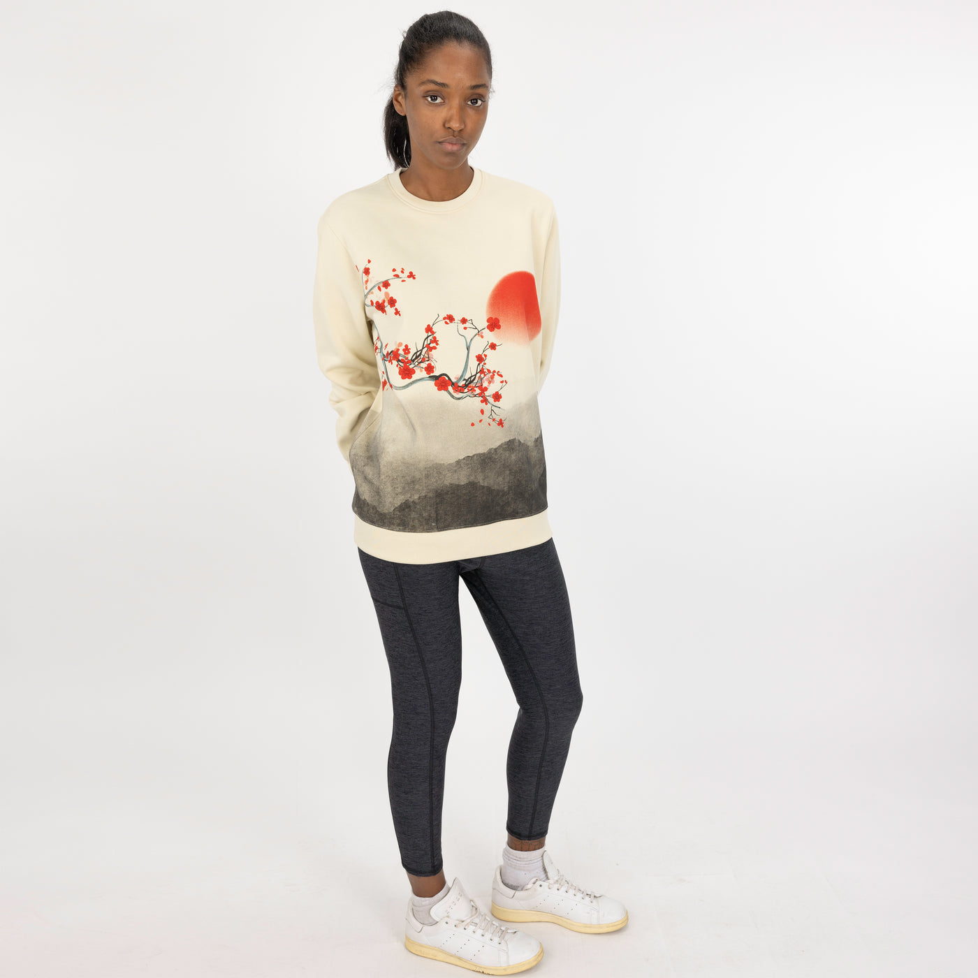 Graphic Wraparound Crewneck Pullover Sweatshirt - Seedpearl / Cherry Blossom Sunrise