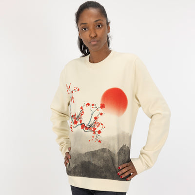 Graphic Wraparound Crewneck Pullover Sweatshirt - Seedpearl / Cherry Blossom Sunrise