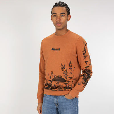 Graphic Wraparound Crewneck Pullover Sweatshirt - Amber Brown / Mushroom Caterpillar Greyscale