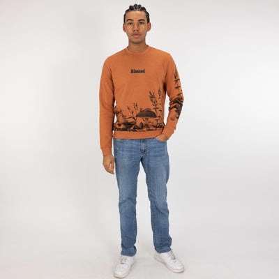 Graphic Wraparound Crewneck Pullover Sweatshirt - Amber Brown / Mushroom Caterpillar Greyscale