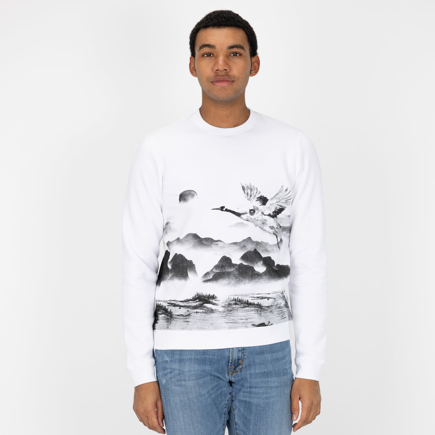 Graphic Wraparound Crewneck Pullover Sweatshirt - White / Kanji Good Luck