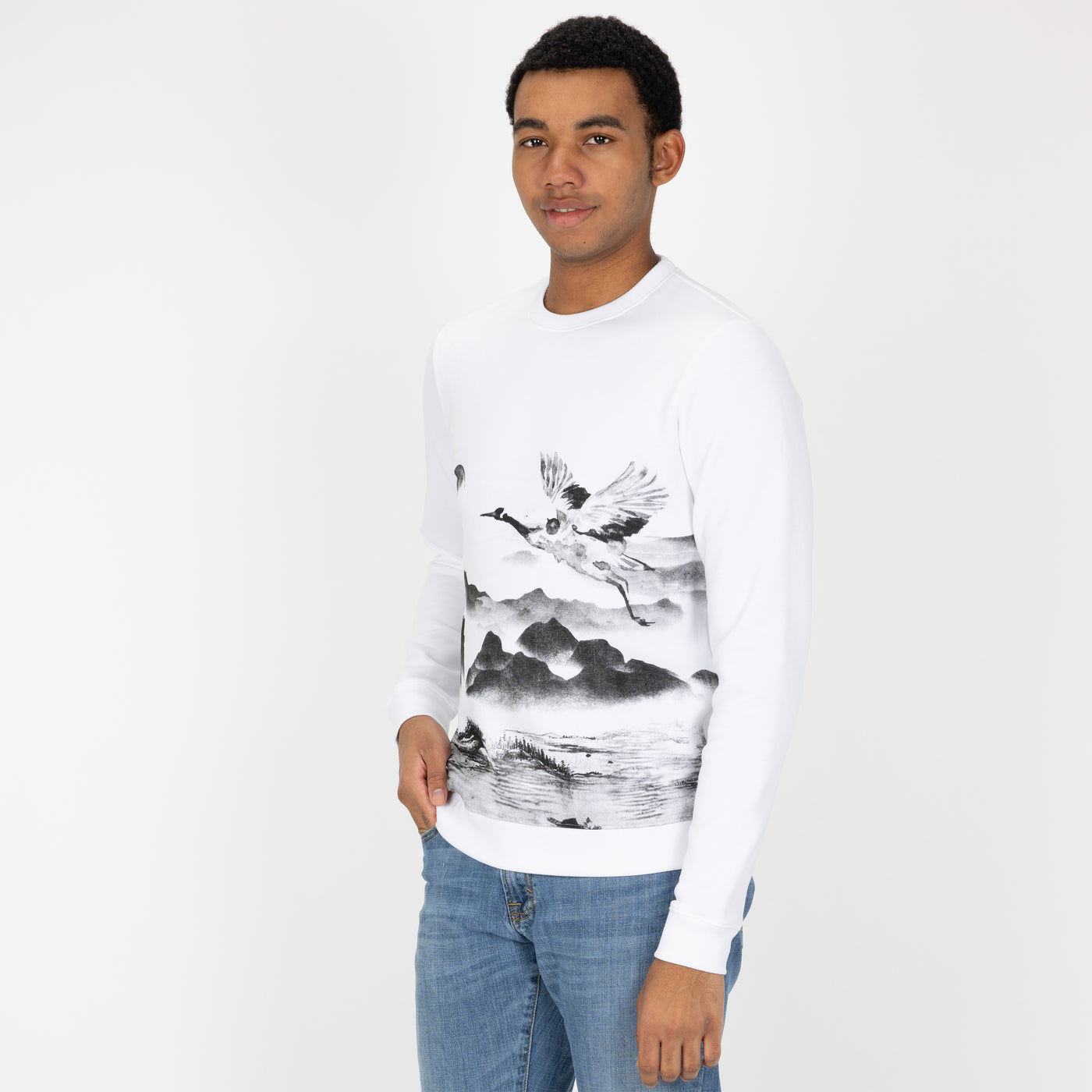 Graphic Wraparound Crewneck Pullover Sweatshirt - White / Kanji Good Luck