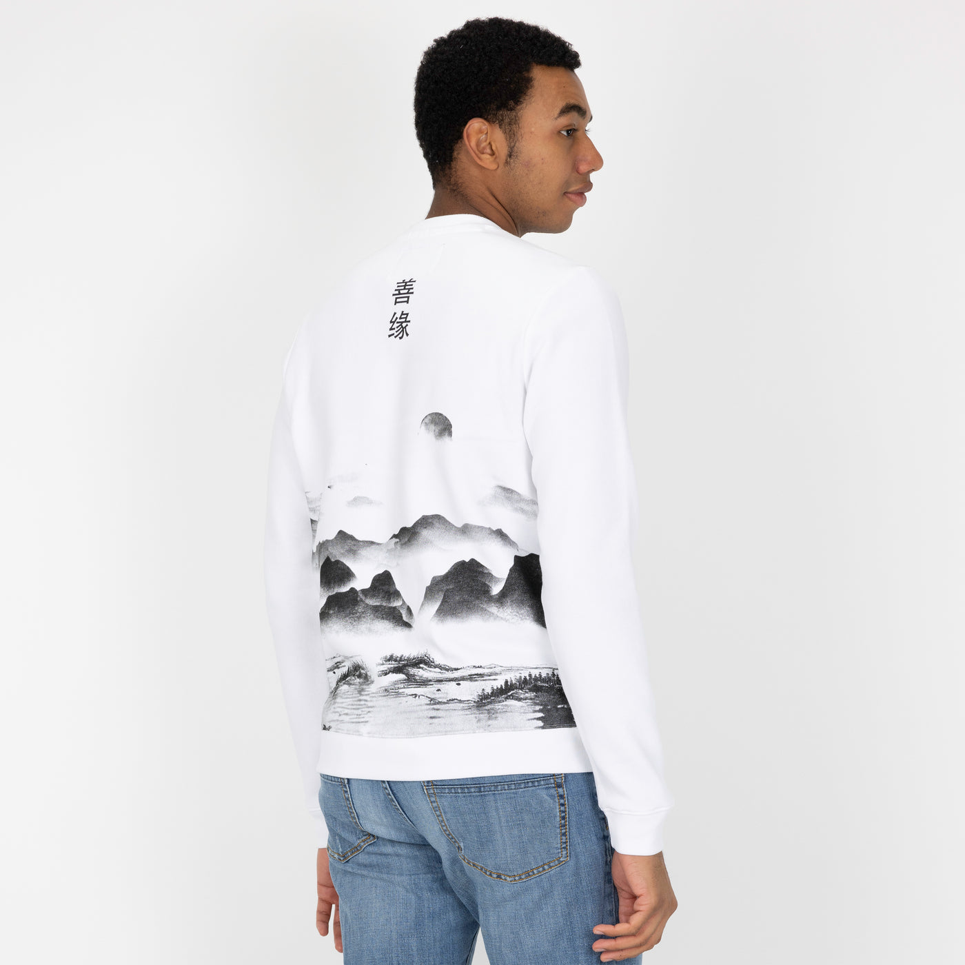 Graphic Wraparound Crewneck Pullover Sweatshirt - White / Kanji Good Luck