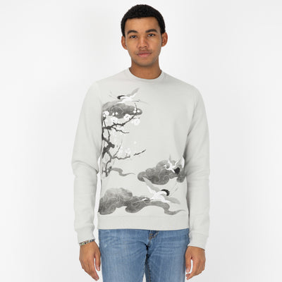 Graphic Wraparound Crewneck Pullover Sweatshirt - Northern Droplet / Cherry Blossom Crane