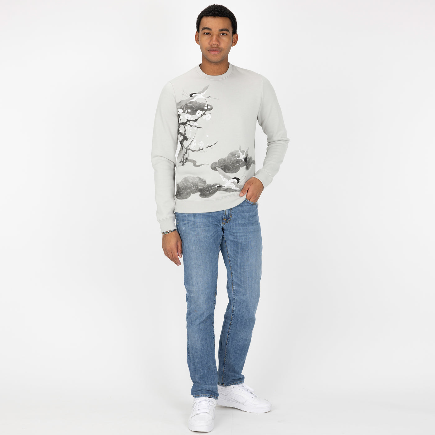 Graphic Wraparound Crewneck Pullover Sweatshirt - Northern Droplet / Cherry Blossom Crane