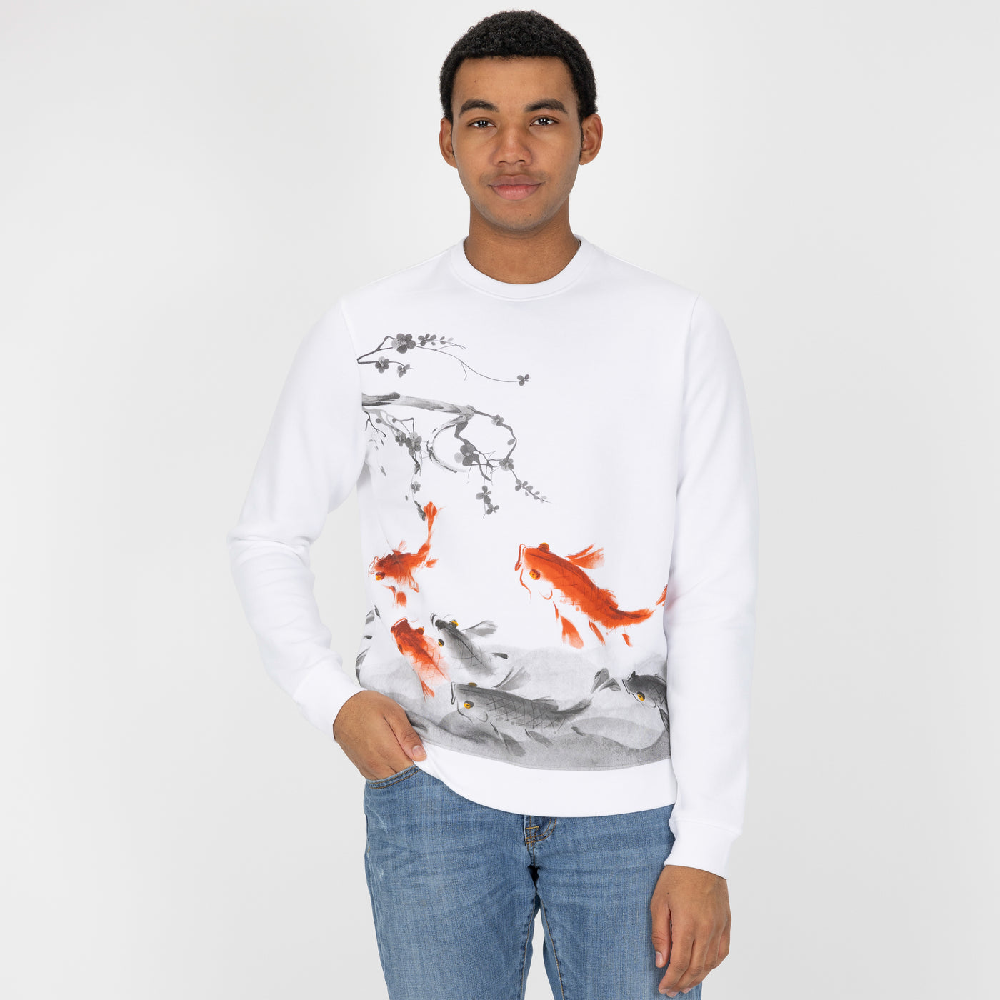 Graphic Wraparound Crewneck Pullover Sweatshirt - White / Koi