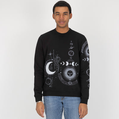 Mens Graphic Wraparound Crewneck Pullover Sweatshirt - Black / Celestial Sun And Moon