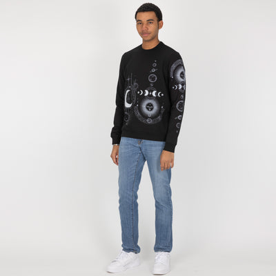 Mens Graphic Wraparound Crewneck Pullover Sweatshirt - Black / Celestial Sun And Moon