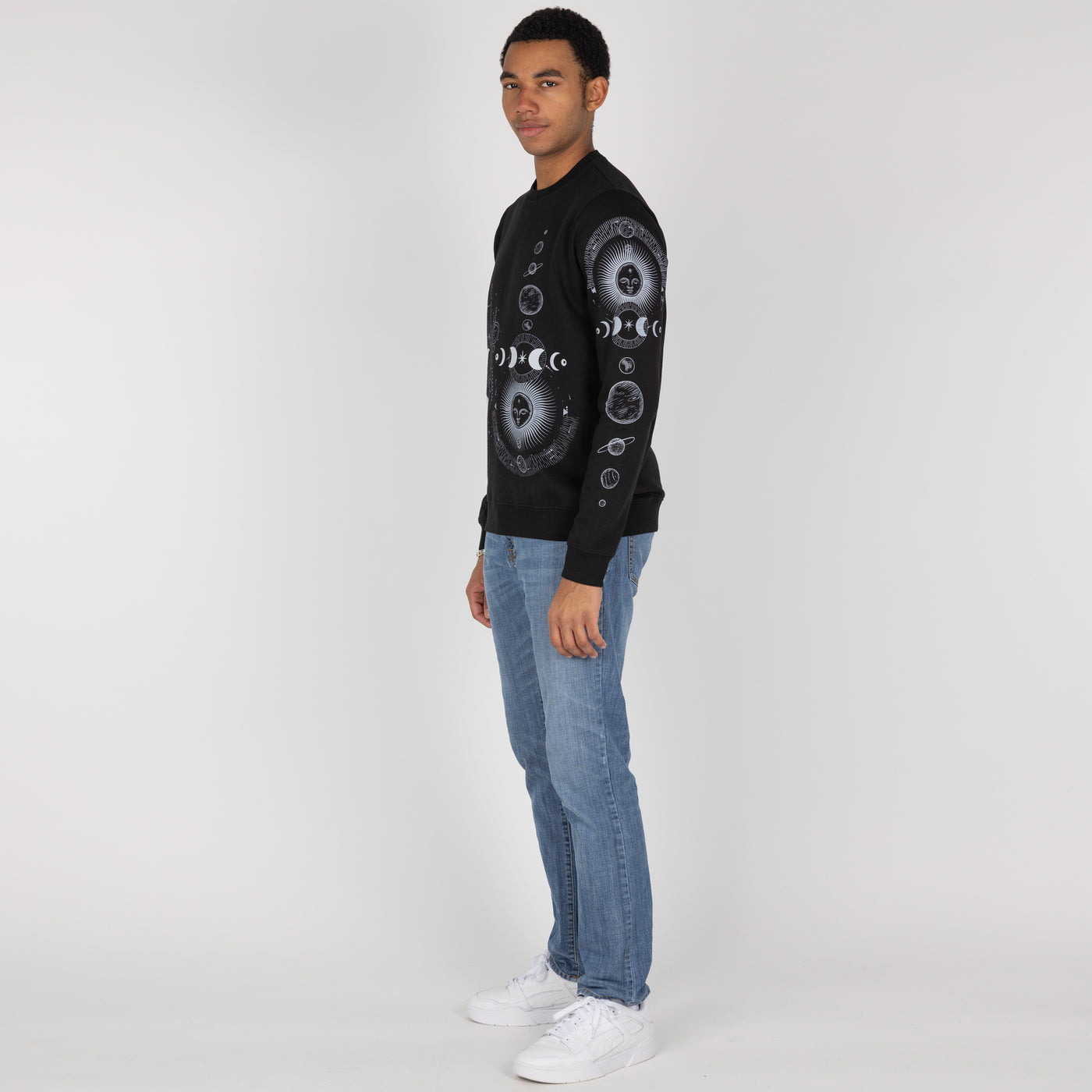 Mens Graphic Wraparound Crewneck Pullover Sweatshirt - Black / Celestial Sun And Moon