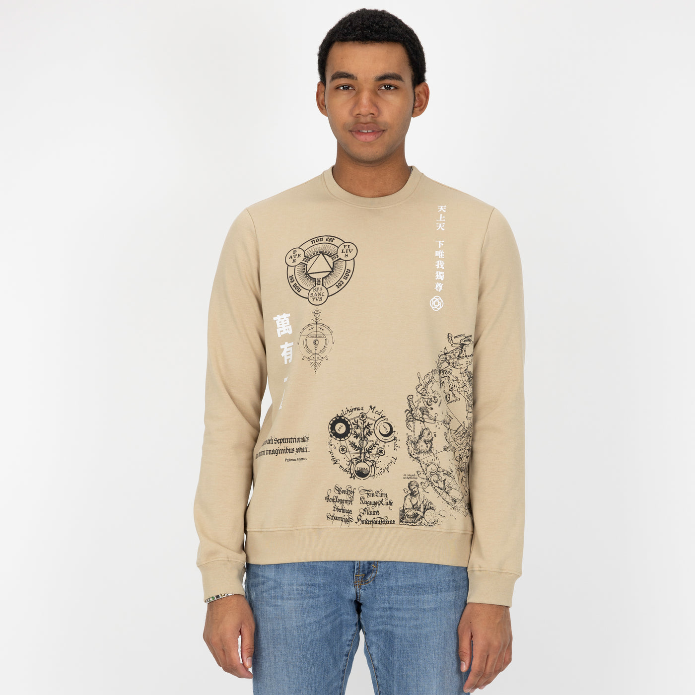 Mens Graphic Wraparound Crewneck Pullover Sweatshirt - Fields Of Rye / Zodiac Kanji One Universe