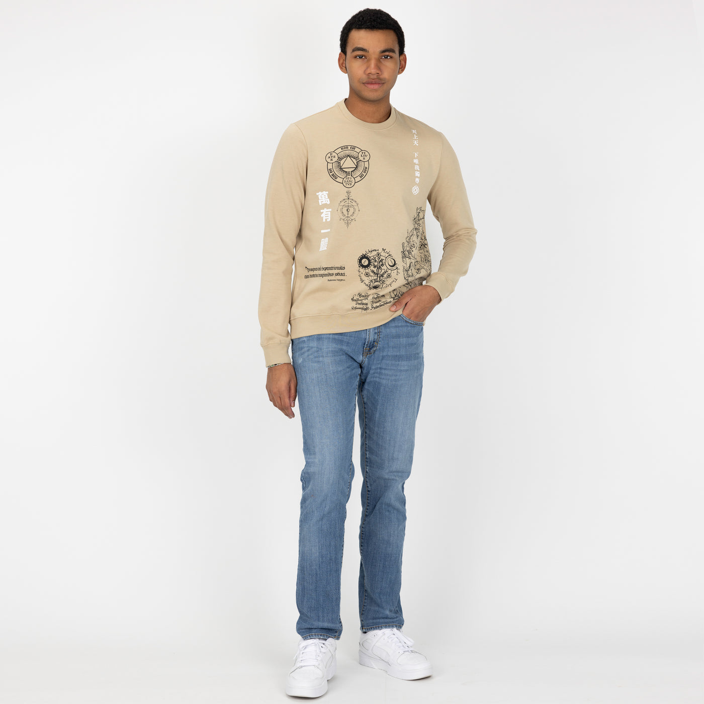 Mens Graphic Wraparound Crewneck Pullover Sweatshirt - Fields Of Rye / Zodiac Kanji One Universe