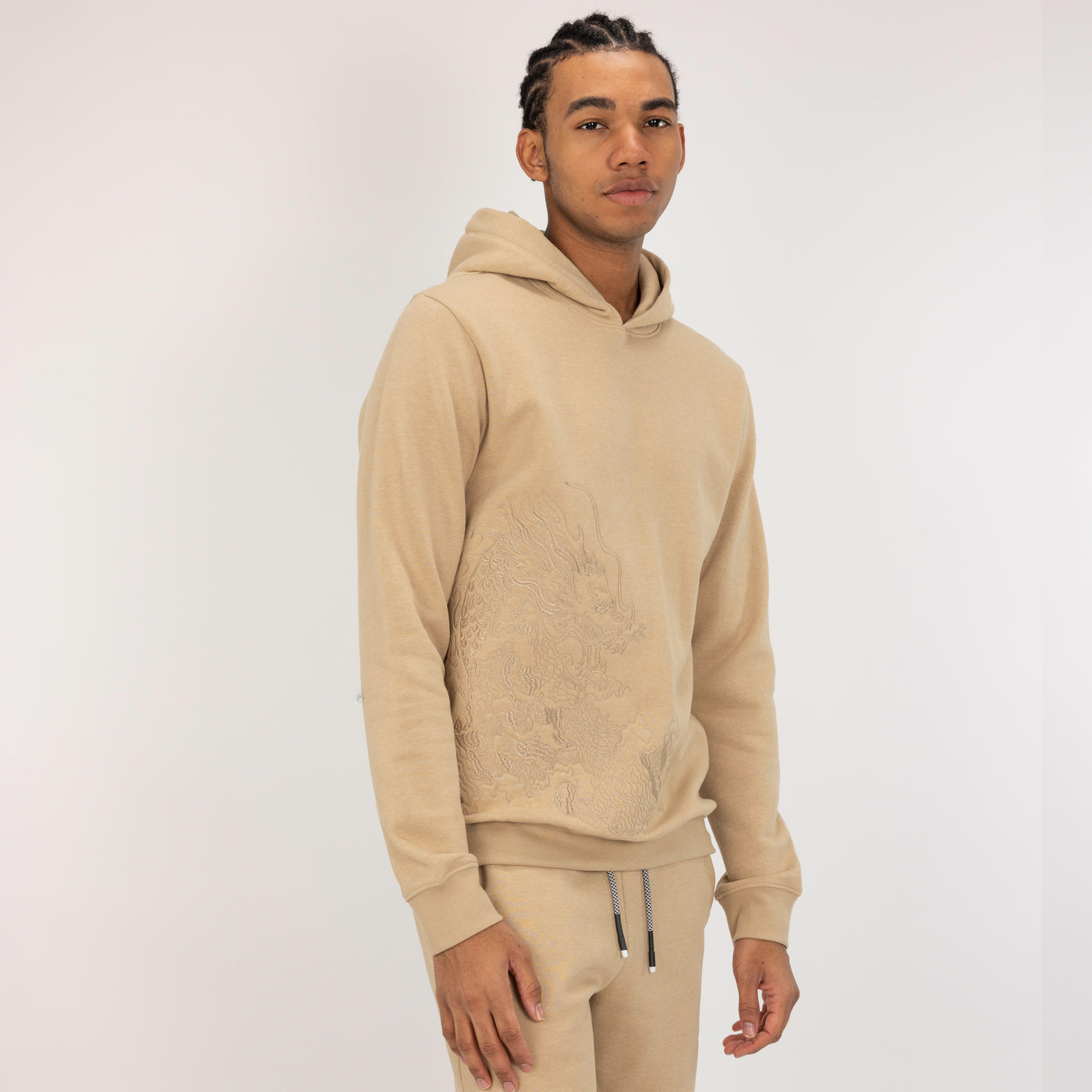 Embroidered Front Hoodie  - Pale Khaki / Dragon