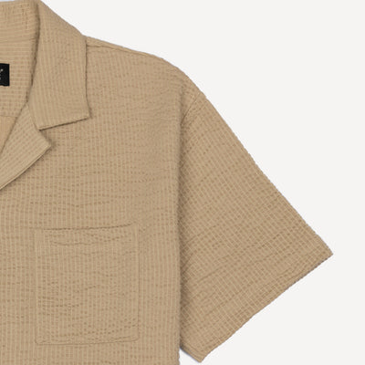 Mens Cool Knit Seersucker Camp Shirt - Pale Khaki Solid