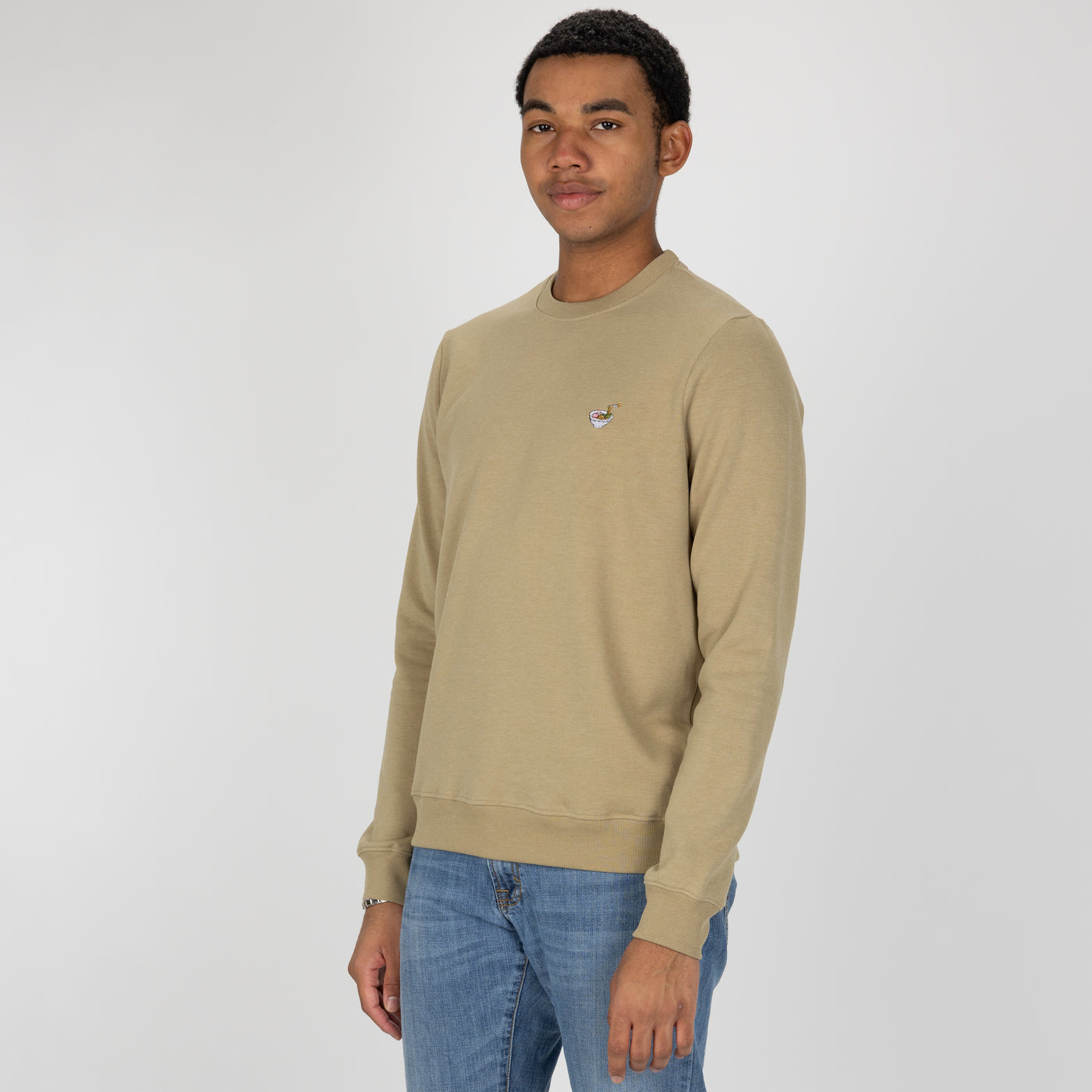 Crewneck Pullover Sweatshirt with Embroidered Icon - Twill / Udon Noodle