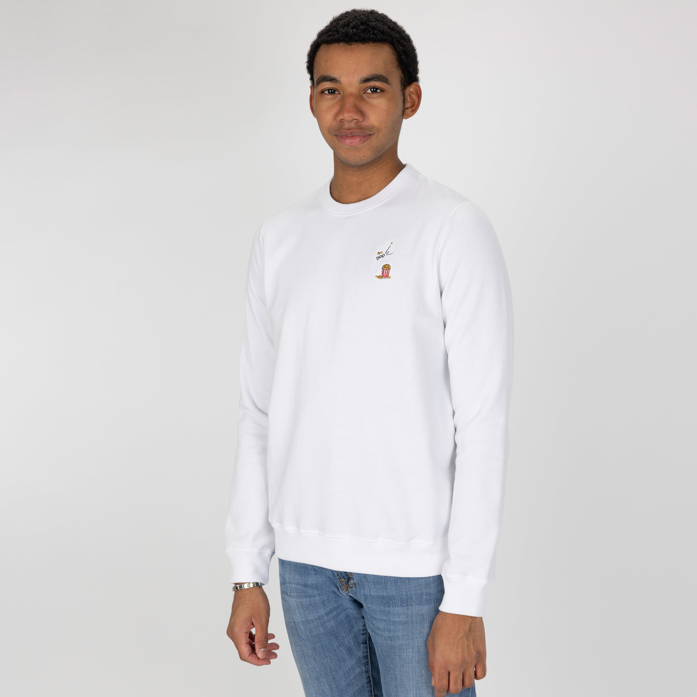 Crewneck Pullover Sweatshirt with Embroidered Icon - White / Popcorn