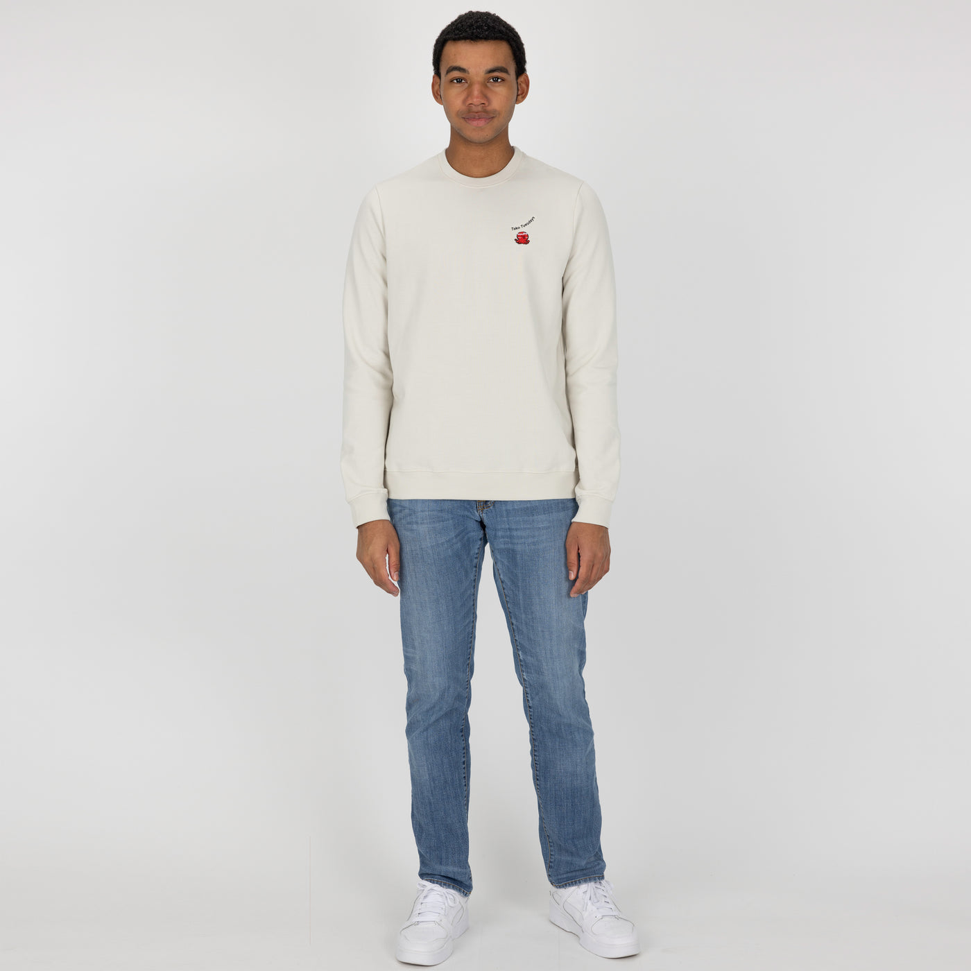 Crewneck Pullover Sweatshirt with Embroidered Icon - White Onyx / Tako Tuesdays