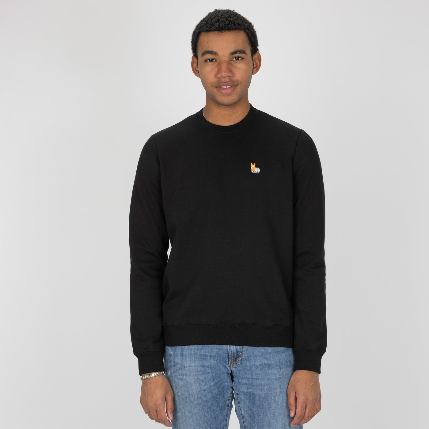 Crewneck Pullover Sweatshirt with Embroidered Icon - Black / Corgi