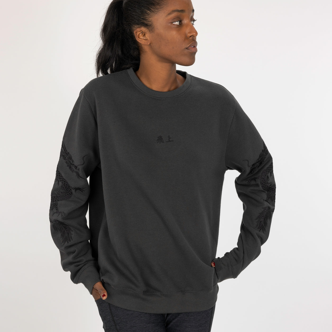 Embroidered Front Sweatshirt  - Charcoal / Kanji Rise Up