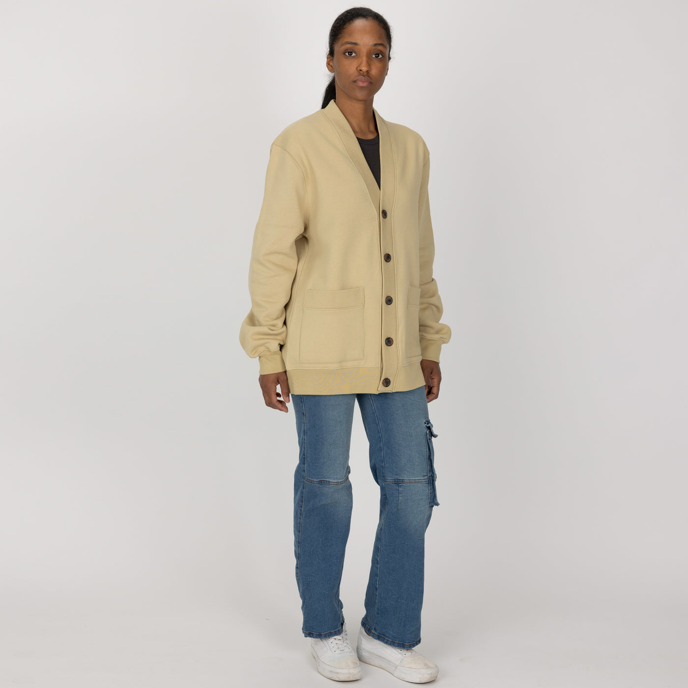 Gender Neutral Fleece Cardigan - Pale Khaki