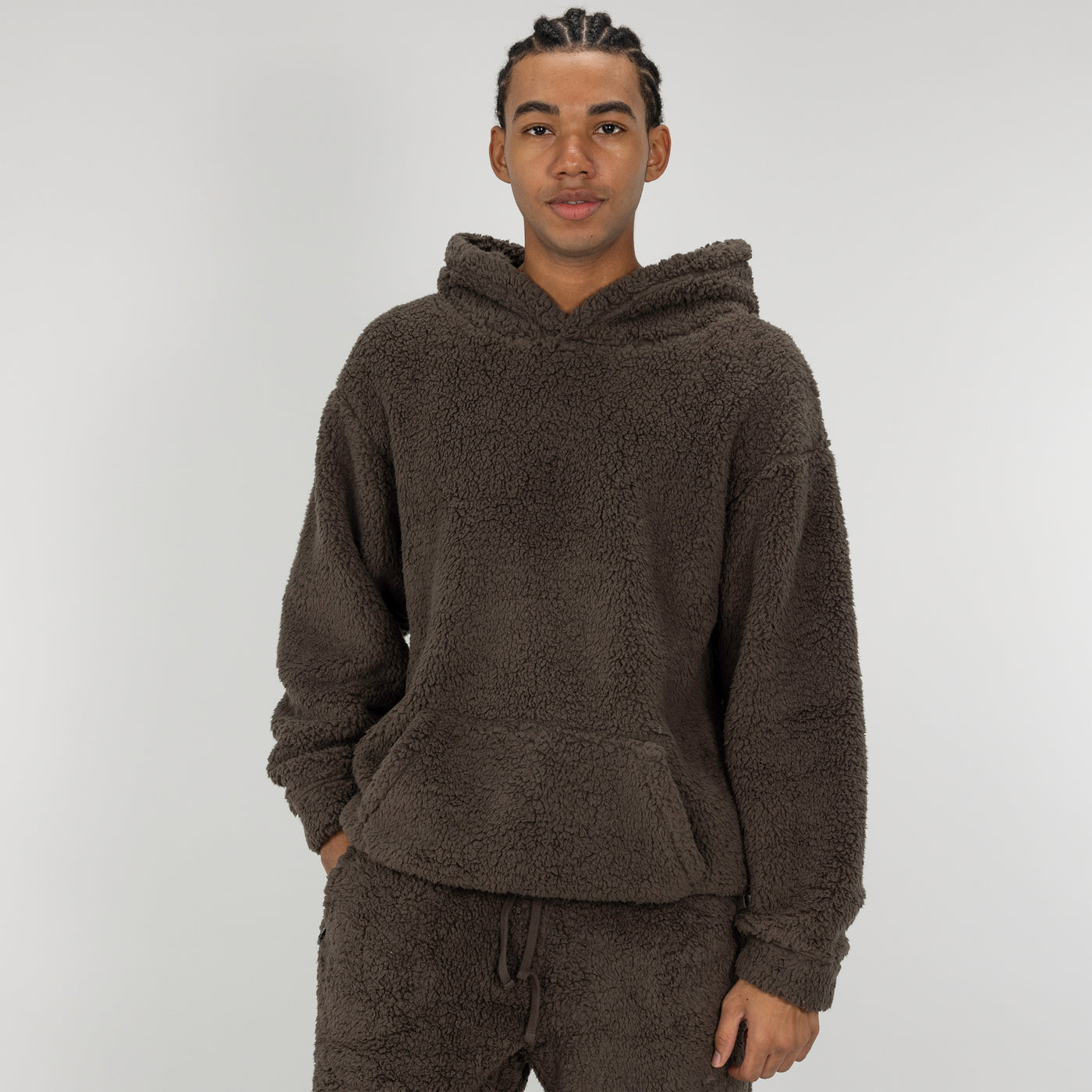 Mens Micro-poly Sherpa Fleece Hoodie - Major Brown