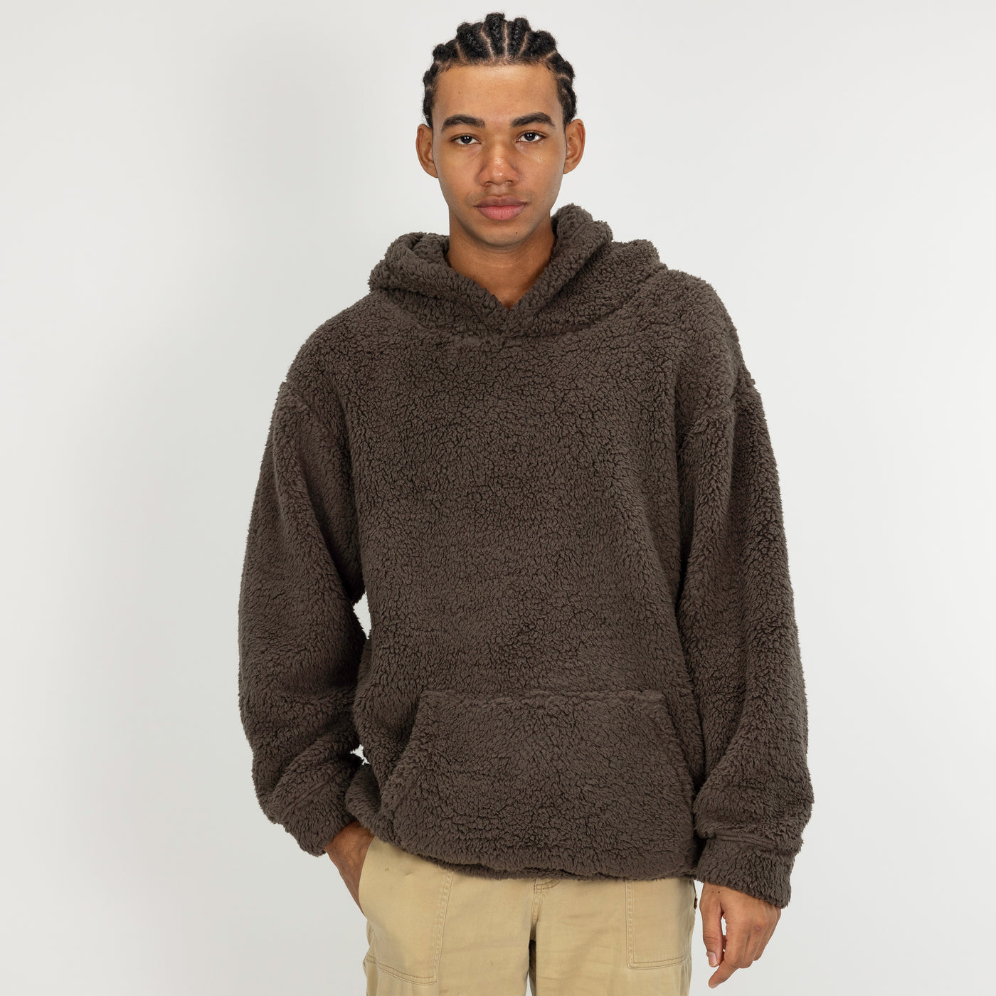 Mens Micro-poly Sherpa Fleece Hoodie - Major Brown